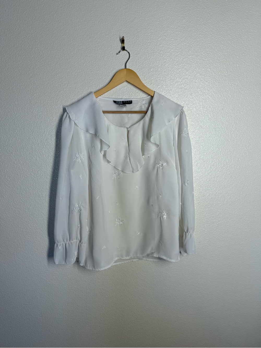 Softwear White Ruffle-Trim Embroidered V-Neck Blouse